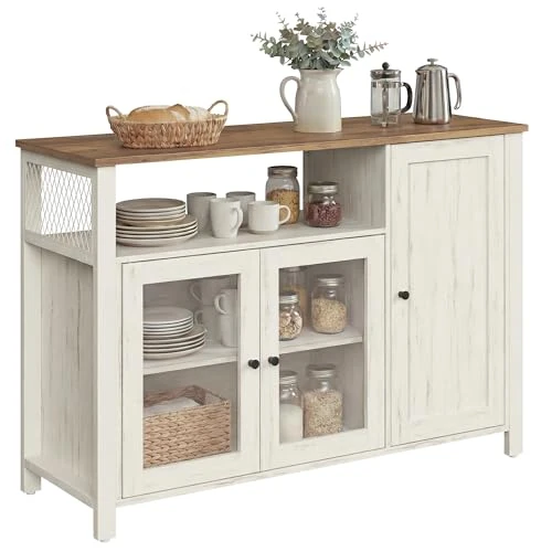 VASAGLE Credenza, Mobile da Cucina, Mobile Contenitore, con 3 Ante, per Soggiorno, Cucina, Sala da Pranzo, 33 x 110 x 75 cm, Stile Country, Marrone Miele e Bianco Vintage LSC096WJ02