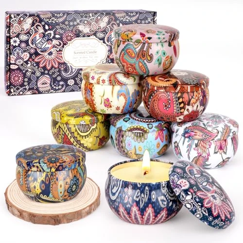 Scented Soy Candles, 8 Pieces Gift Set with Wooden Base, Natural Scented Candles for Home, Christmas, Birthday, Relaxation