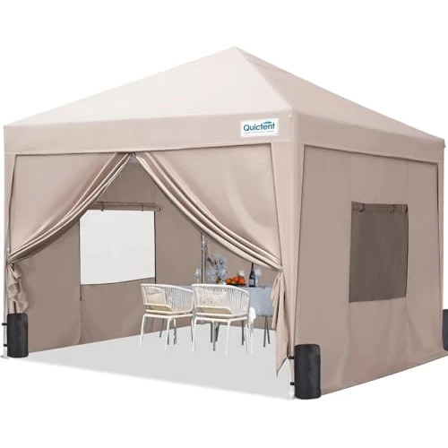 Quictent Gazebo a baldacchino pop-up con pareti laterali in rete, altezza regolabile, tenda portatile per feste in giardino, campeggio, beige, 3 x 3 m
