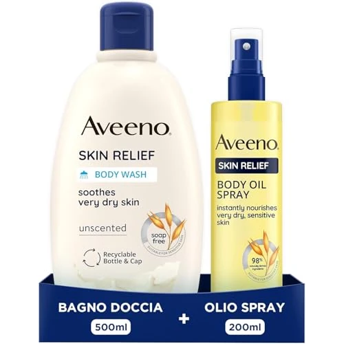 Aveeno Skin Relief Set für Damen mit beruhigendem Schaumbad ohne Seife und Duft mit dreifachem Haferkomplex 500 ml und feuchtigkeitsspendendem Körperöl für trockene und empfindliche Haut 200 ml
