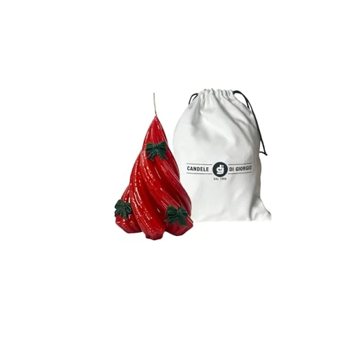 Vela artesanal árbol de Navidad - Color rojo con copos de cera verdes - Altura 13 cm - Cereria Di Giorgio