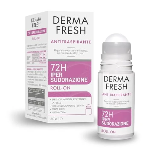 Offerta a tempo: Dermafresh Ipersudorazione Efficace 72H, Deodorante Antitraspirante Roll-On 50 ml, No Alcol, Antimacchia, Delicato sulla Pelle, Contro Sudorazione e Cattivi Odori, Dermatologicamente Testato - 38% da 12.40 € a 7.69 €