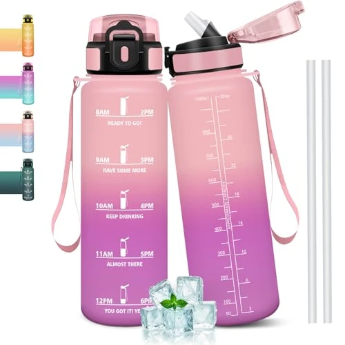 Mulbijeo Libre de BPA- en lekvrije drinkfles, met rietje, motiverende drinkfles, draagbare sportfles voor school, fitnessstudio, kantoor, sport, 1 liter