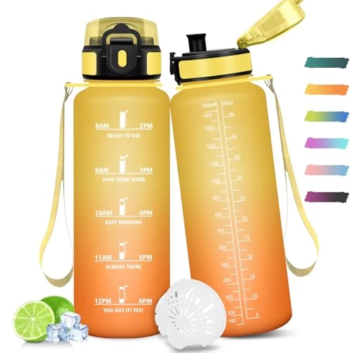 Mulbijeo Butelka na wodę 1,5 l, motywacyjna butelka ze słomką, odporna na wyciek, butelka na wodę do szkoły, na siłownię, kemping, do jazdy na rowerze, jogi