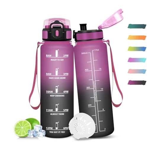 Mulbijeo Motywacyjna butelka na wodę 500 ml, bez BPA i szczelna, ze słomką, Reutilizables, butelka do szkoły podstawowej, do szkoły, na siłownię, biuro, do biegania