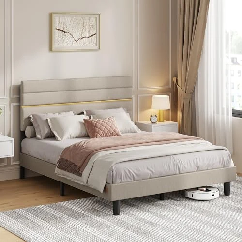 Offerta a tempo: VASAGLE Struttura Letto Matrimoniale, Telaio Letto, per Materasso 140 x 200 cm, Testiera Imbottita Regolabile, Metallo e Legno, Moderno, Beige Cappuccino RMB504LH01 - 15% da 125.99 € a 107.09 €