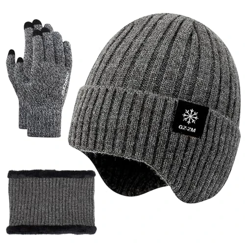 FOSDICK Conjunto Bufanda y Gorro y Guantes Mujer Hombre, Set de Braga Cuello Gorro Invierno Guantes Tactiles, Punto Gorra Bufandas Guante Termico, 3 en 1 Gorras Beanie Bragas Cuello Winter Gloves,Gris
