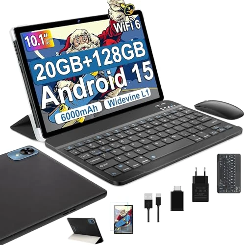 fezawio 2025 Tablet 10 Pollici Android 15 con 20GB RAM + 128GB ROM (TF/1TB),Widevine L1,1280 * 800 IPS,Octa-Core,GMS, Bluetooth 5.0&5G WiFi 6,5MP + 8MP,Tablet PC con Custodia, Tastiera e Mouse,Nero