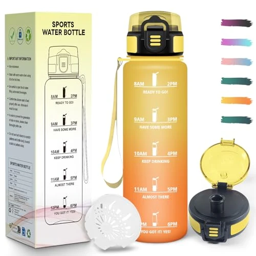 Mulbijeo Butelka na napoje, 1 litr bez BPA, butelka na siłownię, odporna na wycieki, motywacyjna butelka, wskaźnik czasu, butelka na wodę do siłowni, jazdy na rowerze, biura, na zewnątrz, butelki na