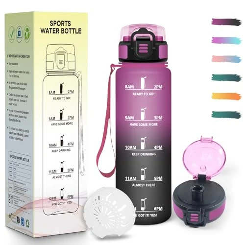Mulbijeo Waterfles, 1 liter, BPA-vrij, sportfles, lekvrij, motiverende waterfles, tijdweergave, waterfles voor sportschool, fietsen, kantoor, outdoor