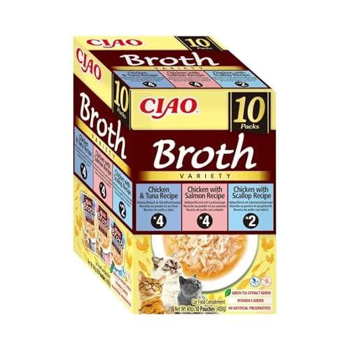 Offerta a tempo: INABA CIAO Brodo di Pollo per Gatti in 3 Gusti, Cibo Umido per gatti con Straccetti di Pollo, Salmone, Tonno e Capesante - 10 Buste x 40 gr - Senza Conservanti o Coloranti Artificiali - 15% da 12.99 € a 11.04 €