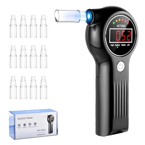 Etievort Alkoholtester mit 12 Mundstücken, Alkoholmessgerät mit digitaler LCD-Anzeige Promillemessgerät Atemalkoholtester 50 Speicherplätze, Einstellbarer Alarm, für Autofahrer für Outdoor Patry