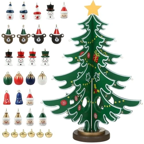 Tijdelijke aanbieding: Mini-kerstbomen van hout, mini-kerstboom van hout met 30 hangers, kerstboom, voor kerstdecoratie, tafel, etalage, cadeau voor kinderen van 19.99 EUR naar 19.99 EUR (korting 0%)