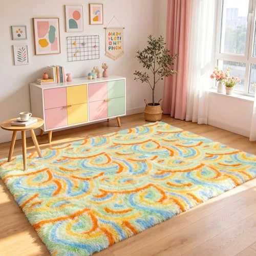 Offerta a tempo: Enyhom Tappeto Salotto Peloso, Morbido Tappeto Cameretta Bambina Antiscivolo Tappeti Camera da Letto - Motivo Arcobaleno - Tappeto Camera Bambini Lavabile(Verde, 160 x 230 cm) - 0.00% da 19.52 € a 19.52 €