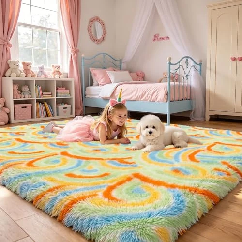 Offerta a tempo: Enyhom Tappeto Salotto Peloso, Morbido Tappeto Cameretta Bambina Antiscivolo Tappeti Camera da Letto - Motivo Arcobaleno - Tappeto Camera Bambini Lavabile(Verde, 200 x 290 cm) - 71% da 99.99 € a 28.52 €