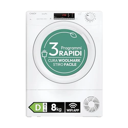 Candy Smart Pro CRO EH8N2TE-S Wäschetrockner mit Wärmepumpe, 8 kg, Wi-Fi- + BLE-Konnektivität, einfaches Bügelprogramm, freistehend, 85 x 60 x 58,5 cm (H x B x T), weiß, Klasse D