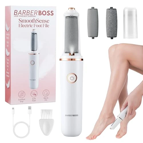 BarberBoss Râpe électrique pour les pieds, kit de pédicure rechargeable, têtes de rouleau fines et épaisses, chargement USB, capuchon de protection, portable de callosités des pieds, QR-5101