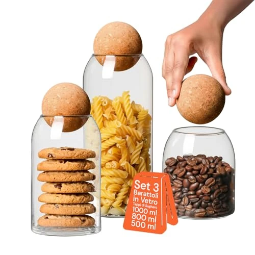 Avilia - Tarros de cristal con tapa de corcho, juego de 3 unidades de 500/800/1000 ml para pasta, café y especias, uso diario en la cocina, diseño elegante y cierre natural hermético