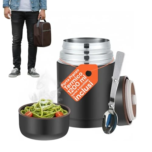 Avilia - Thermo-Lunchbox 1200 ml aus Edelstahl mit isolierter Tasche und faltbarem Löffel, luftdichte Lunchbox für heiße und kalte Lebensmittel, leicht zu reinigen und ideal für Büro, Schule oder