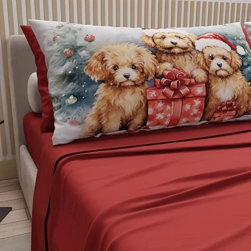 PETTI Italian Artisans - Cotton Sheets with Christmas Digital Print Pillowcases, French Queen Size Christmas Sheets, Christmas Bed Set, Bordeaux Dog, 100% Made in Italy