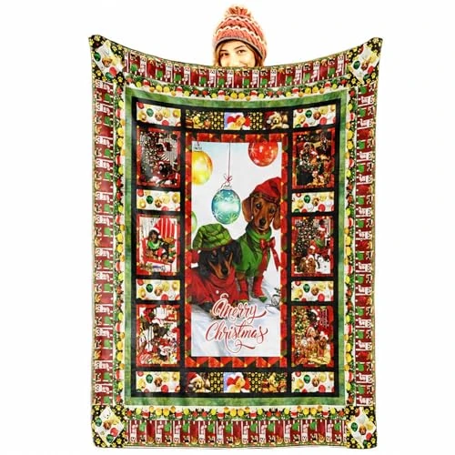 SYTTNUM Coperta Babbo Natale, Coperta a Tema Natalizio, Copertas Natalizia con Bassotti, Adatto per divani Letti e Camere da Letto, Regali di Capodanno per Adulti e Bambini- 150 * 100cm