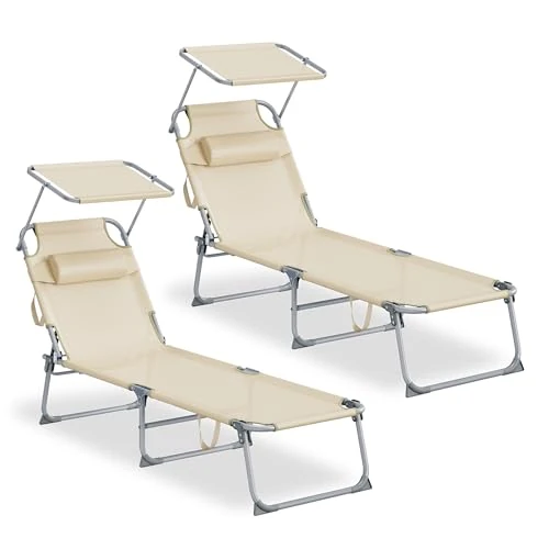Offerta a tempo: SONGMICS Set da 2 Sedie a Sdraio Pieghevoli, 189 x 53 x 28,5 cm, con Cusicni, Lettini Prendisole, Portata 110 kg Ciascuno, Parasole e Schienale Regolabili, per Terrazza e Balcone, Beige GCB292WZ02 - 15% da 89.99 € a 76.49 €