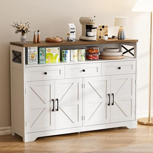 Oferta limitada: BonVache Aparador, armario de cocina con cajones, armario de almacenamiento, aparador con estante abierto, armario de cafetería para cocina, comedor, sala de estar, 130 x 35 x 95 cm, Blanco de 99.99 € a 99.99 € (ahorro 0.00%)