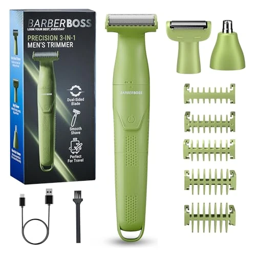 BarberBoss Detailtrimmer voor heren, 3-in-1 verzorgingsset voor heren, baard, haartrimmer, lichaamstoner, neus en oortrimmer, draadloos scheerapparaat, multifunctioneel scheerapparaat, QR-2302 (Groen)