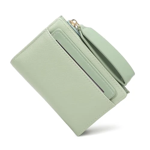 Mfqire Women's Small Wallet in Soft PU Leather with Zip and Wristlet, Multiple Card Holder, Compact Two-Fold Coin Purse, Large Capacity, green, Lunghezza/Larghezza/Altezza: 14 x 3 x 9,5 cm, Classic