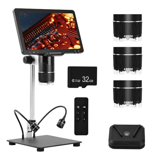 Offerta a tempo: Microscopio digitale Pro con display IPS da 10,1 pollici, 3 obiettivi (1000X-2500X) per saldatura e biologia, fotocamera 2K, anello luminoso a 144 LED, HDMI/USB, 32 GB per bambini e professionisti - 6% da 138.56 € a 129.99 €