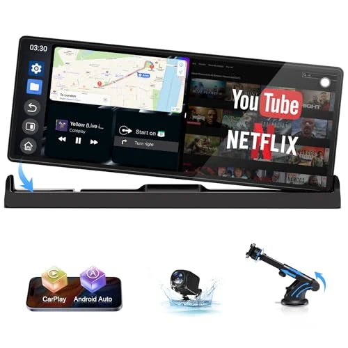 【4 en 1】Ecran Carplay Voiture avec Youtube/Netflix/Tiktok, Support Exclusif 10,26 Pouces Android Auto Sans Fil Autoradio Car Play avec Caméra de Recul 1080P Wi-Fi Double Bande Bluetooth Navigation GPS