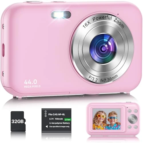 Oferta limitada: Cámara Digital Compacta con Tarjeta 32GB, FHD 1080P 44MP Cámara de Fotos, Portátil Recargable Cámara Fotos con Zoom 16X y Pilas Cámara para Niños, Principiantes, Adulto(Rosa) de 59.99 EUR a 59.99 EUR (ahorro 0%)