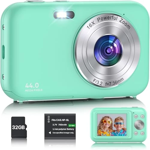 Offre limitee: Appareil Photo Numérique avec Carte 32Go, 1080P 44MP Appareils Photo Compact avec 16X Digital Zoom et Batterie, Rechargeables Caméra pour Enfant,Adolescent, Adulte, Débutant (Vert) de 60.00 EUR a 47.99 EUR (economie 20%)