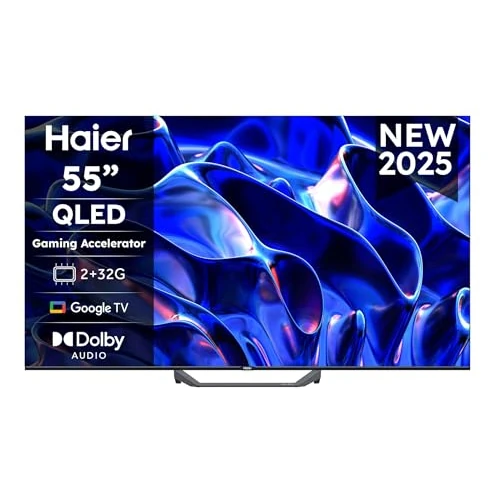 Haier QLED 4K UHD H55S81FUX - 55", Smart TV, Google TV, Dolby Audio, HDR 10, Smart Remote Control, Google Assistant, Bluetooth 5.1, 120Hz Gaming, USB 2.0, DBX TV, HDMI 2.1 x 4, Sin Marcos, 2025