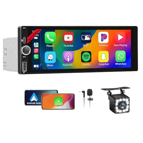 Wireless Autoradio CarPlay 1 DIN – 6,86 Zoll Touchscreen Stereo Auto Bluetooth mit Bildschirm, Radio 1 Din Car Play unterstützt Mirror Link mit Kamera, RDS FM Radio/Type-C de Recharge/Mic/SWC