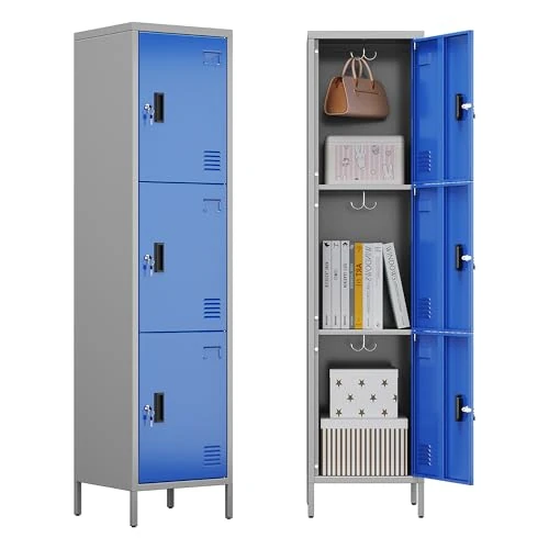 Offerta a tempo: LOCENHU Armadio in metallo con prese d'aria, 3 ante in metallo con porta biglietti da visita, adatto per scuola, ufficio e casa, da assemblare, 168 cm x 40 cm x 40 cm, grigio/blu - 43% da 123.49 € a 69.99 €