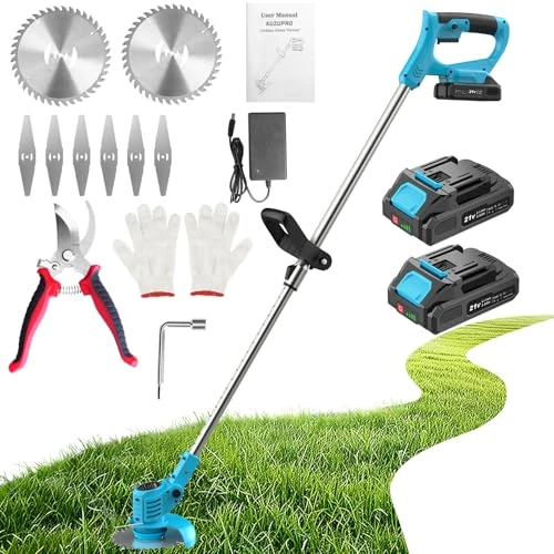Decespugliatore a Batteria 21V, KUZUPRO Tagliabordi a Batteria con 2 Batterie 2,0Ah, 2 Tipi di Lame Tagliaerba Elettrico, Maniglia a Scomparsa, Decespugliatore Per Taglio Di Giardini, Prati E Terreni