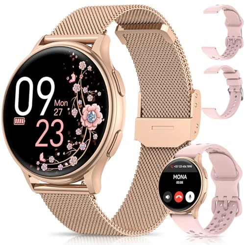 NAIXUES Damski smartwatch damski z połączeniami Bluetooth, 1,27", damski smartwatch z 3 bransoletkami, funkcja kobieca, tętno, sen/SpO2/70+ tryb sportowy, IP68, krokomierz, iOS, Android, różowe złoto