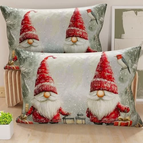 Petti Artesanos Italianos - Par de Microfibra de 50x70 cm, Fundas de Almohada Navideñas, Cojines Decorativos Navideños Dormitorio, Juego de 2 Fundas de Cojín, Funda de Almohada Gnomo 02