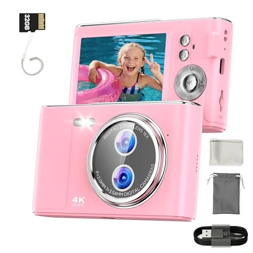 32GB Camara de Fotos Digital Portátil: 48MP Cámara Digital Compacta para Vlogging con Pantalla 4K de 2,8", 16X Zoom Auto Focus Recargable Camaras Fotografica para Niño Principiante Rosa
