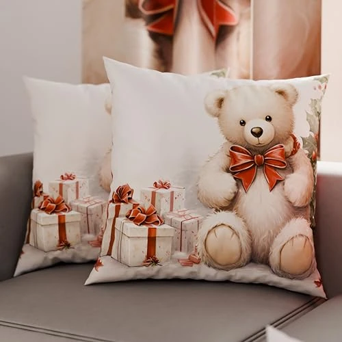 PETTI Italian Artisans - Pair of 65x65 cm Microfiber Cushion Covers, Christmas Pillow Cases, Christmas Decor Cushions for Bedroom, Sofa, Living Room, Set of 2 Cushion Covers, Teddy Bear Pillow Case 01