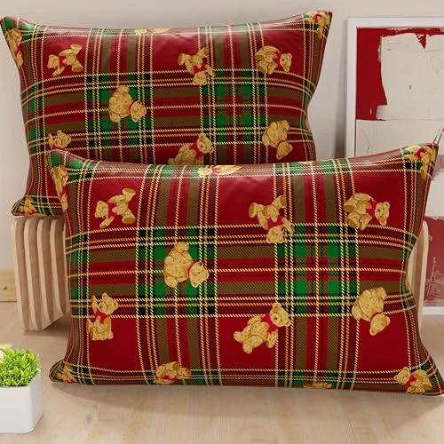 PETTI Italian Artisans - Pair of 40x60 cm Microfiber Cushion Covers, Christmas Pillow Cases, Christmas Decor Cushions for Bedroom, Sofa, Set of 2 Cushion Covers, Tartan Teddy Bear Pillow Case