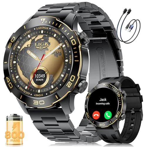 Offerta a tempo: LIGE Orologio Smartwatch Uomo, 1.43" AMOLED Smart Watch con 24/7 Frequenza Cardiaca, SpO2, Durata del sonno, Impermeabile IP68, 170+ Sports, 300+ Quadranti, Cassa Nera con Indici Oro - 30% da 99.99 € a 69.98 €