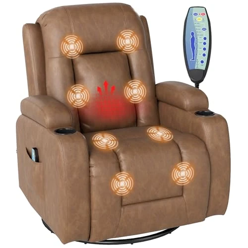 Offerta a tempo: HOMCOM Poltrona Massaggiante Reclinabile Manuale, Poltrona Relax Girevole, Lombare Riscaldante con Dondolo, Portabicchieri, Telecomando, Poggiapiedi, Tasche Laterali, in Pelle PU, Marrone Chiaro - 0.00% da 287.95 € a 287.95 €