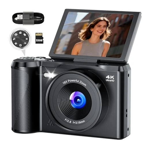 Offerta a tempo: Macchina Fotografica Digitale 4K Ultra HD: 56MP Fotocamera Macchine con Molette di Modalità per Principianti - Flip 180° Videocamera con Scheda di Memoria da 32GB - Digitale Camera con Autofocus - 32% da 69.99 € a 47.48 €