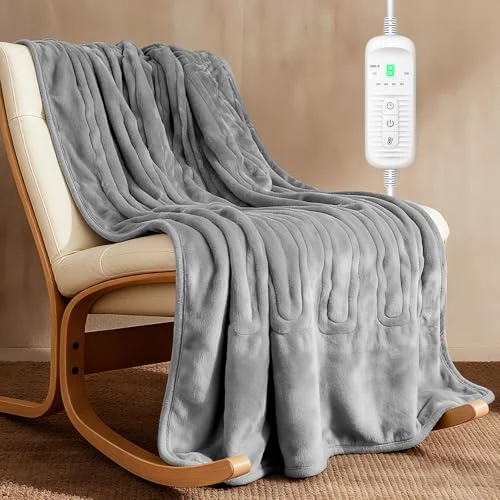 Electric Blanket with Timer and 9 Heat Levels, 180 x 130 cm Heated Throw with Auto Shut-Off,Ultra Soft Reversible Flannel for Pajamas, Blanket Electric Throw with Detachable Controller,Home&Office Use