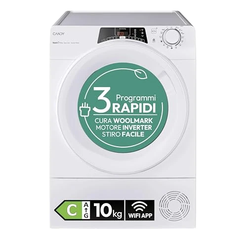 Candy RapidÓ RO EH10N3TE-S Heat Pump Dryer, 10 kg, Inverter Motor, Easy Ironing Program, Wi-Fi + BLE Connectivity, 85 x 59.6 x 58.5 cm (H x W x D), White-Class C