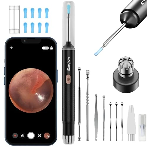 Earglow Otoscopio y Cortapelos Nariz 2 en 1 Kit, Limpiador de Oidos Cera con Camara 1080P HD Wifi, Eliminar Cera del Oído y Recortar el Vello Nasal Compatible iOS y Android