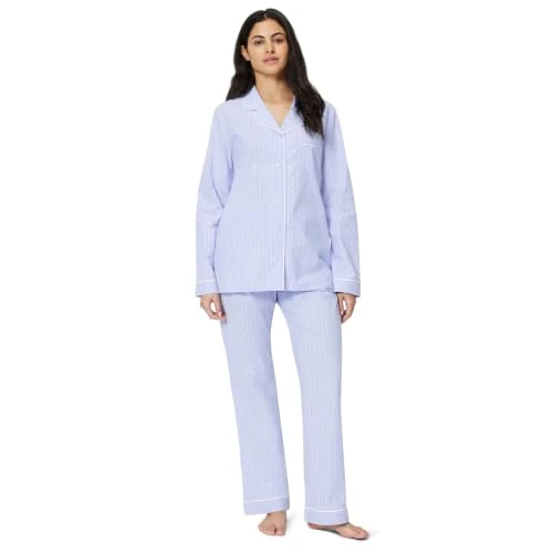 Oferta limitada: Amazon Essentials Conjunto de pijama de popelina elástica de algodón, camisa de manga larga con botones y pantalones Mujer, Rayas Azules, XL de 23.15 € a 23.15 € (ahorro 0.00%)