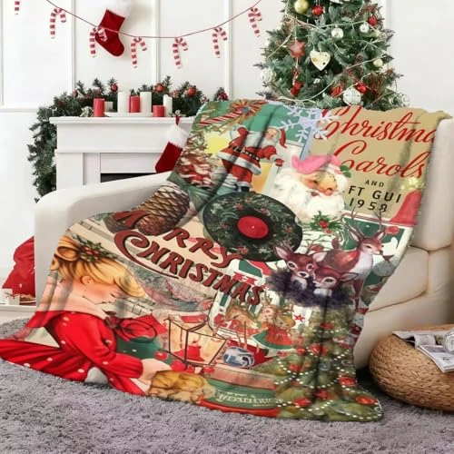 APPCRFM Coperta natalizia, 150 x 100 cm, morbida coperta in flanella da coccole, con Babbo Natale, albero di Natale, cervo e altri design retrò, dolce per divano, letto, feste, regalo divertente per